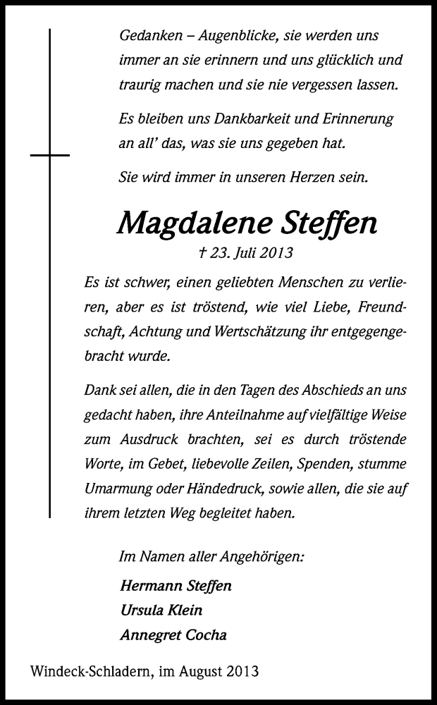  Traueranzeige für Magdalene Steffen vom 31.08.2013 aus Kölner Stadt-Anzeiger / Kölnische Rundschau / Express