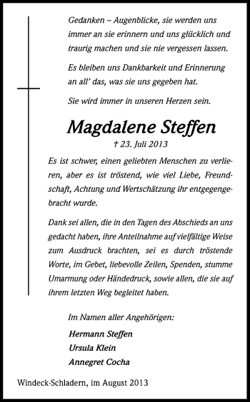 Anzeige von Magdalene Steffen von Kölner Stadt-Anzeiger / Kölnische Rundschau / Express