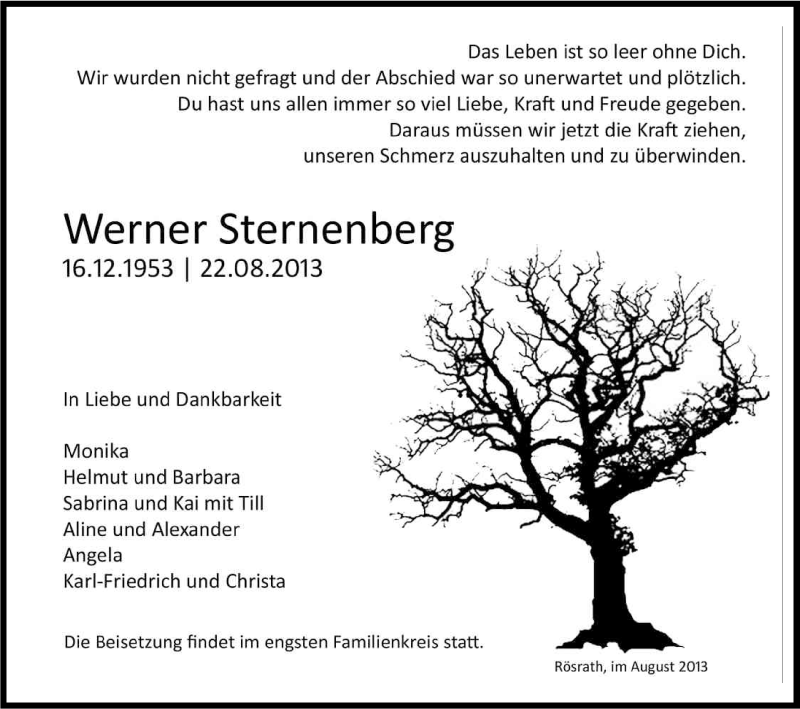 Traueranzeige für Werner Sternenberg vom 31.08.2013 aus Kölner Stadt-Anzeiger / Kölnische Rundschau / Express