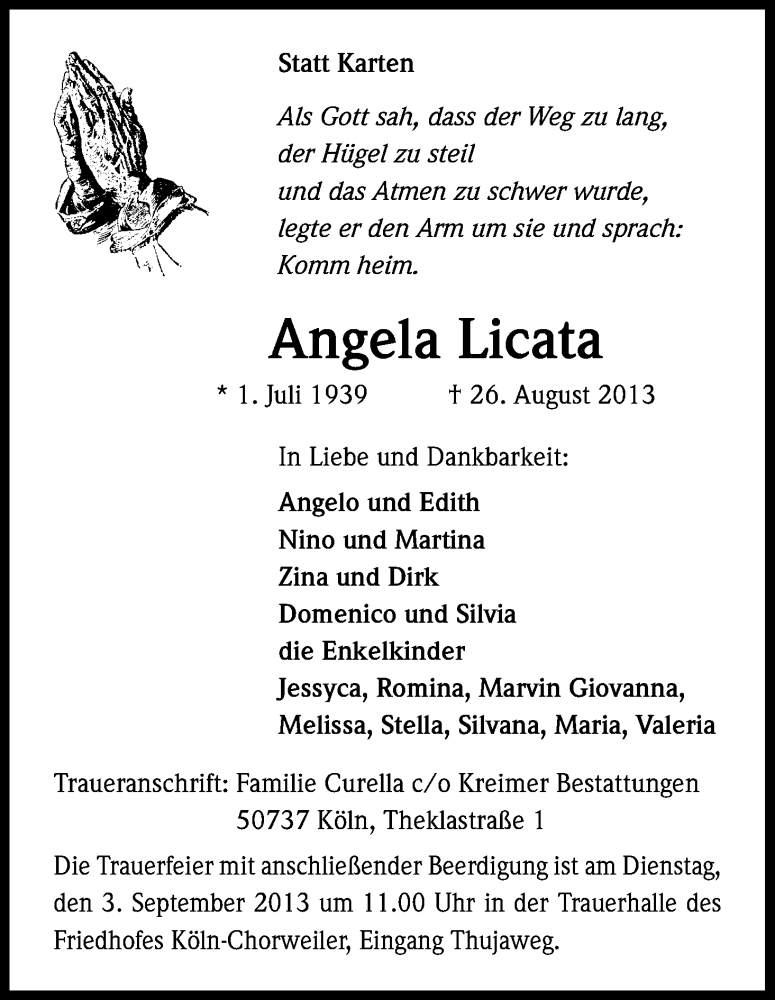  Traueranzeige für Angela Licata vom 31.08.2013 aus Kölner Stadt-Anzeiger / Kölnische Rundschau / Express
