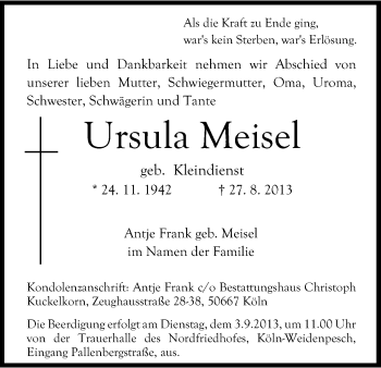 Anzeige von Ursula Meisel von Kölner Stadt-Anzeiger / Kölnische Rundschau / Express