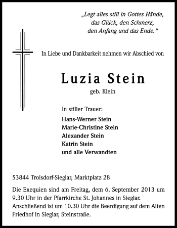 Anzeige von Luzia Stein von Kölner Stadt-Anzeiger / Kölnische Rundschau / Express