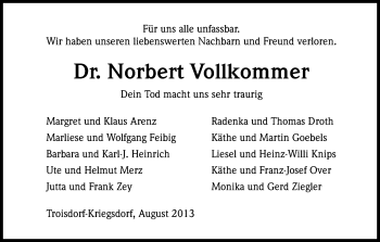Anzeige von Norbert Vollkommer von Kölner Stadt-Anzeiger / Kölnische Rundschau / Express
