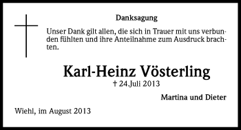 Anzeige von Karl-Heinz Vösterling von Kölner Stadt-Anzeiger / Kölnische Rundschau / Express