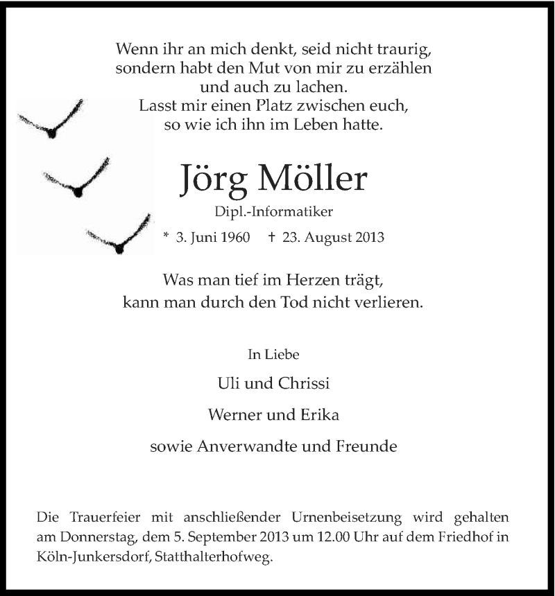  Traueranzeige für Jörg Möller vom 31.08.2013 aus Kölner Stadt-Anzeiger / Kölnische Rundschau / Express