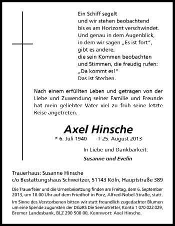 Anzeige von Axel Hinsche von Kölner Stadt-Anzeiger / Kölnische Rundschau / Express