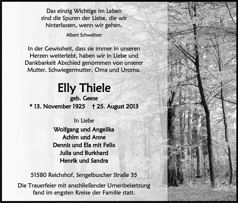  Traueranzeige für Elly Thiele vom 31.08.2013 aus Kölner Stadt-Anzeiger / Kölnische Rundschau / Express