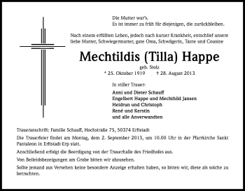 Anzeige von Mechtildis Happe von Kölner Stadt-Anzeiger / Kölnische Rundschau / Express