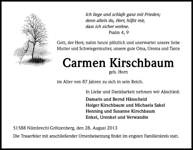  Traueranzeige für Carmen Kirschbaum vom 30.08.2013 aus Kölner Stadt-Anzeiger / Kölnische Rundschau / Express