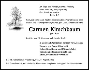 Anzeige von Carmen Kirschbaum von Kölner Stadt-Anzeiger / Kölnische Rundschau / Express