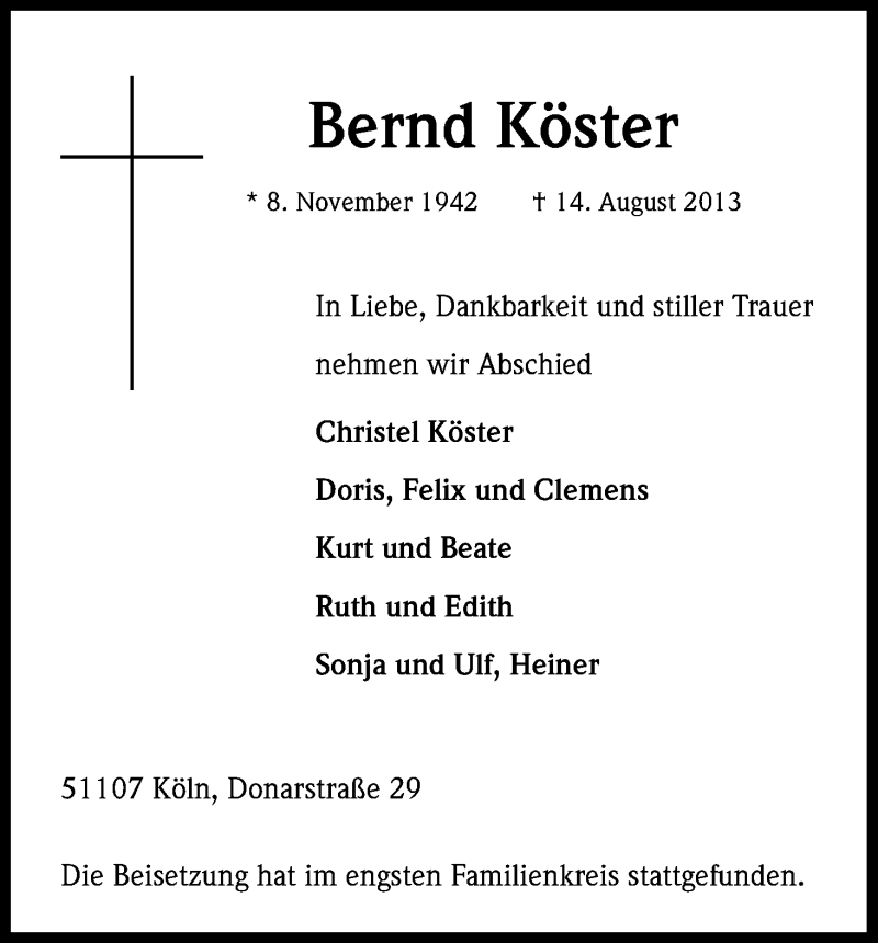  Traueranzeige für Bernd Köster vom 31.08.2013 aus Kölner Stadt-Anzeiger / Kölnische Rundschau / Express