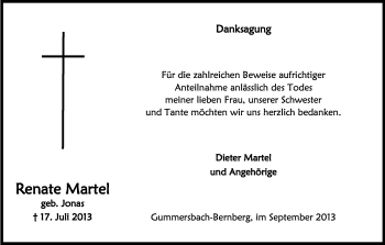 Anzeige von Renate Martel von Kölner Stadt-Anzeiger / Kölnische Rundschau / Express