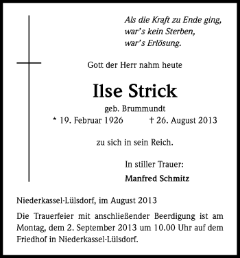 Anzeige von Ilse Strick von Kölner Stadt-Anzeiger / Kölnische Rundschau / Express