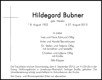 Anzeige von Bubner Hildegard von Kölner Stadt-Anzeiger / Kölnische Rundschau / Express