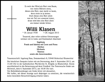 Anzeige von Willi Klasen von Kölner Stadt-Anzeiger / Kölnische Rundschau / Express