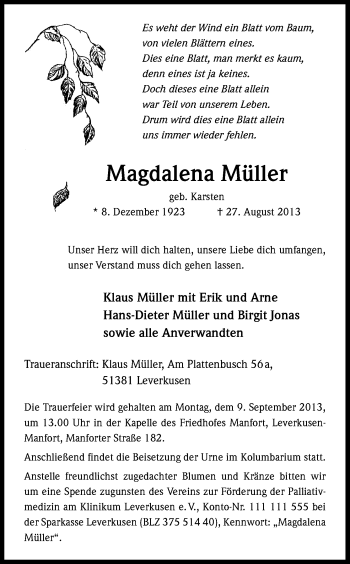 Anzeige von Magdalena Müller von Kölner Stadt-Anzeiger / Kölnische Rundschau / Express