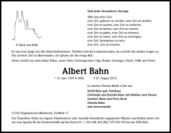 Anzeige von Albert Bahn von Kölner Stadt-Anzeiger / Kölnische Rundschau / Express