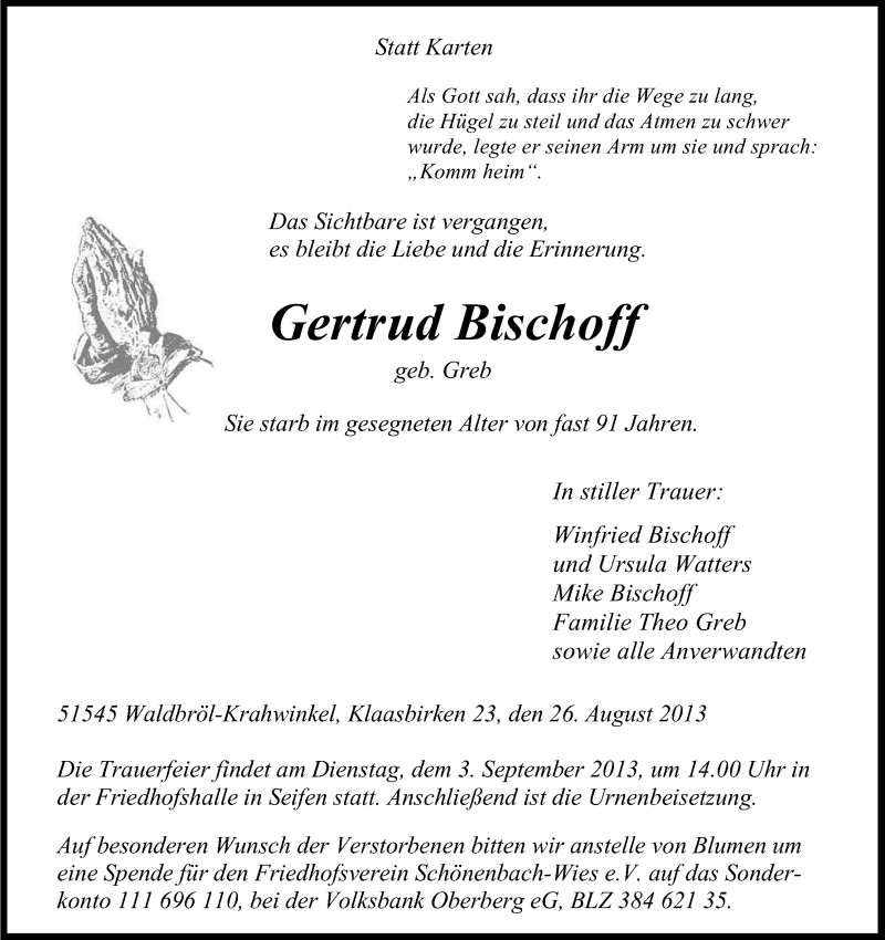  Traueranzeige für Gertrud Bischoff vom 30.08.2013 aus Kölner Stadt-Anzeiger / Kölnische Rundschau / Express