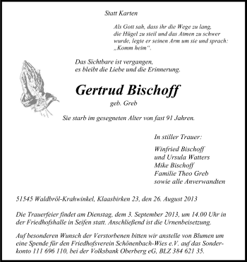Anzeige von Gertrud Bischoff von Kölner Stadt-Anzeiger / Kölnische Rundschau / Express