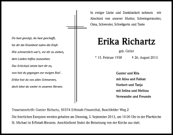 Anzeige von Erika Richartz von Kölner Stadt-Anzeiger / Kölnische Rundschau / Express
