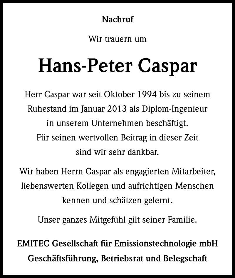  Traueranzeige für Hans-Peter Caspar vom 30.08.2013 aus Kölner Stadt-Anzeiger / Kölnische Rundschau / Express