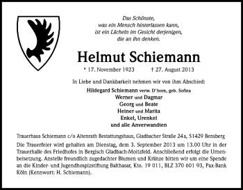 Anzeige von Helmut Schiemann von Kölner Stadt-Anzeiger / Kölnische Rundschau / Express