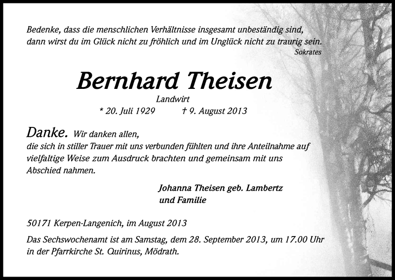 Traueranzeige für Bernhard Theisen vom 07.09.2013 aus Kölner Stadt-Anzeiger / Kölnische Rundschau / Express