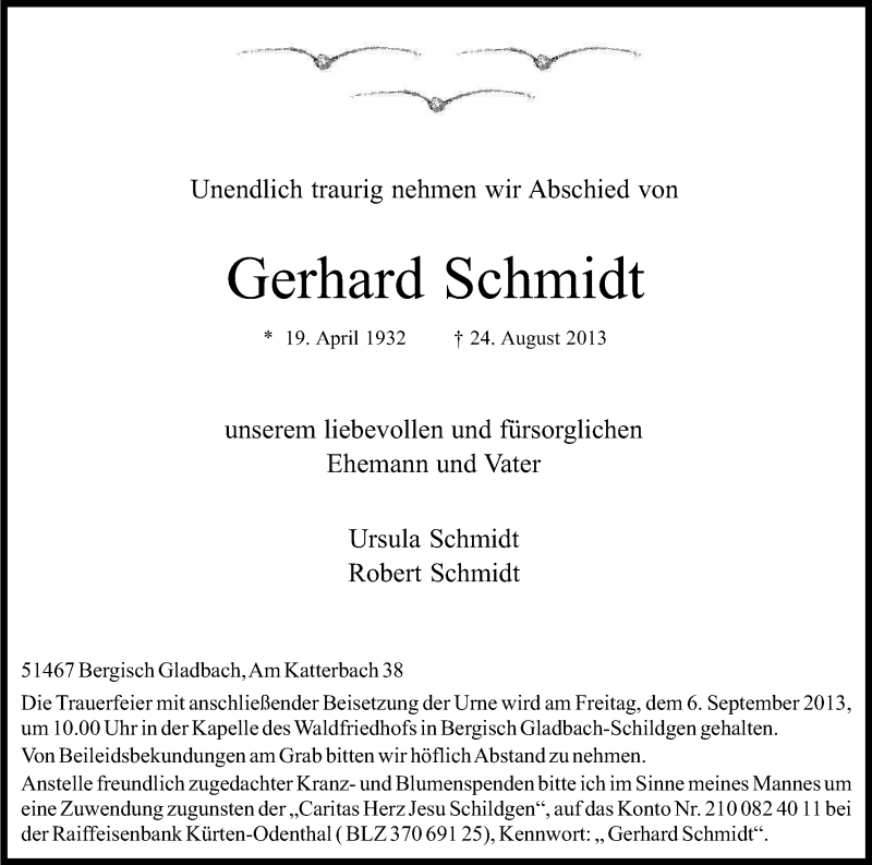  Traueranzeige für Gerhard Schmidt vom 31.08.2013 aus Kölner Stadt-Anzeiger / Kölnische Rundschau / Express