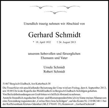 Anzeige von Gerhard Schmidt von Kölner Stadt-Anzeiger / Kölnische Rundschau / Express