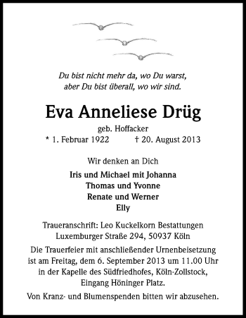 Anzeige von Eva Anneliese Drüg von Kölner Stadt-Anzeiger / Kölnische Rundschau / Express