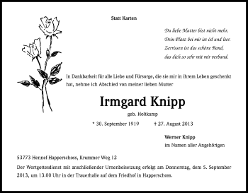 Anzeige von Irmgard Knipp von Kölner Stadt-Anzeiger / Kölnische Rundschau / Express