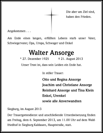 Anzeige von Walter Ansorge von Kölner Stadt-Anzeiger / Kölnische Rundschau / Express