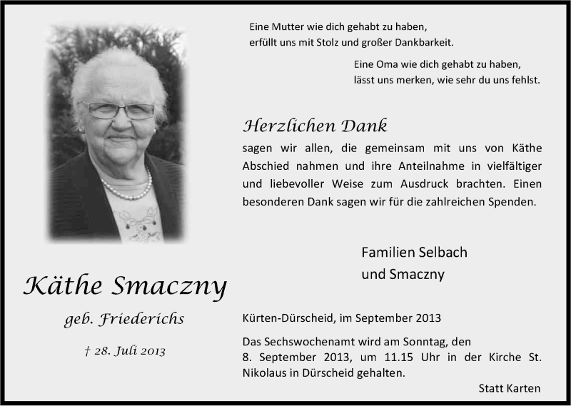  Traueranzeige für Käthe Smaczny vom 31.08.2013 aus Kölner Stadt-Anzeiger / Kölnische Rundschau / Express