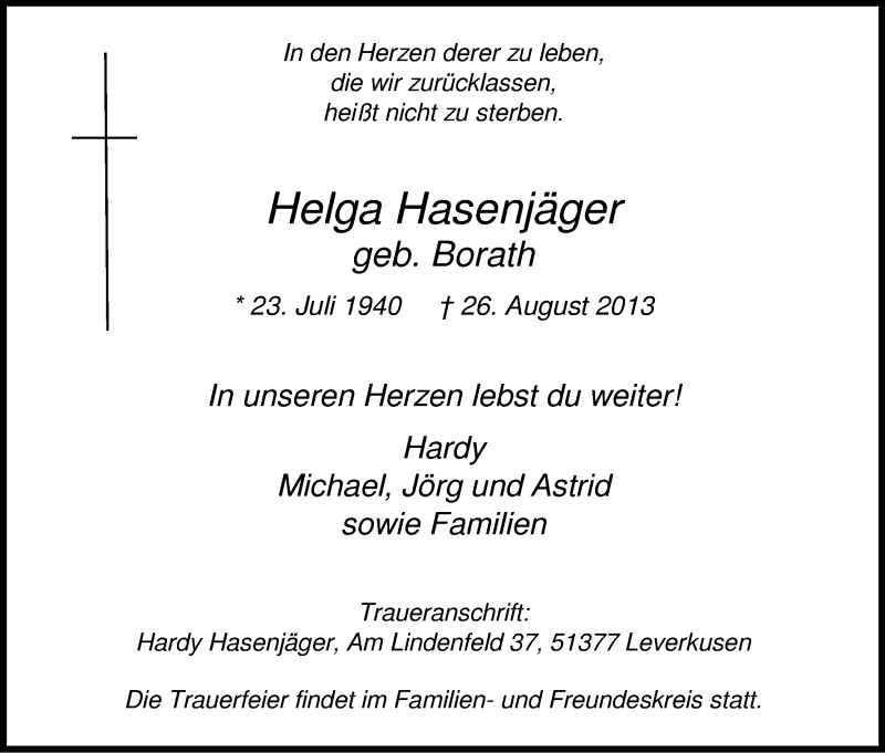  Traueranzeige für Helga Hasenjäger vom 31.08.2013 aus Kölner Stadt-Anzeiger / Kölnische Rundschau / Express