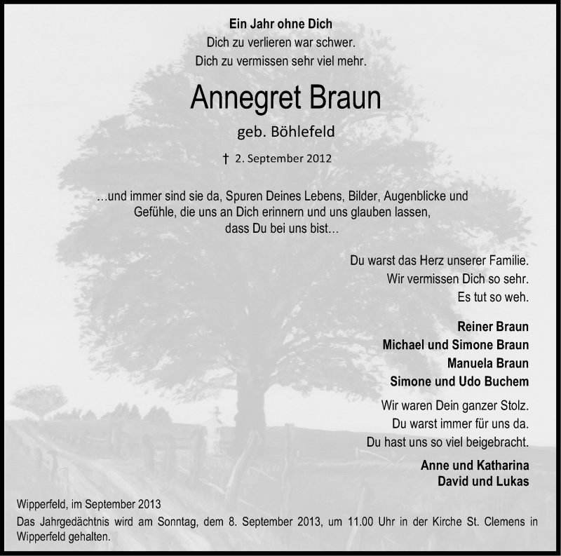  Traueranzeige für Annegret Braun vom 31.08.2013 aus Kölner Stadt-Anzeiger / Kölnische Rundschau / Express