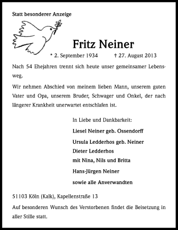Anzeige von Friedrich Neiner von Kölner Stadt-Anzeiger / Kölnische Rundschau / Express