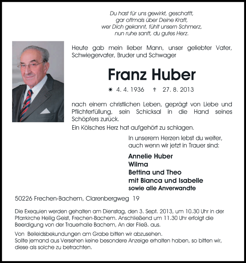  Traueranzeige für Franz Huber vom 30.08.2013 aus Kölner Stadt-Anzeiger / Kölnische Rundschau / Express