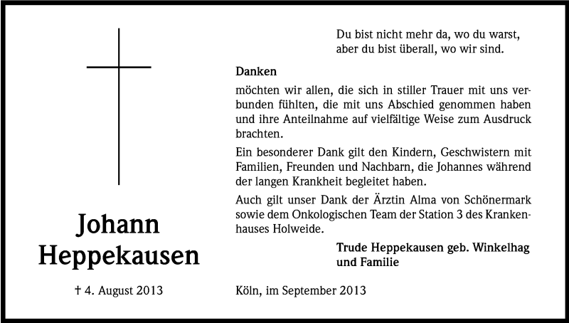  Traueranzeige für Johann Heppekausen vom 07.09.2013 aus Kölner Stadt-Anzeiger / Kölnische Rundschau / Express