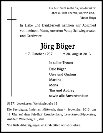 Anzeige von Jörg Böger von Kölner Stadt-Anzeiger / Kölnische Rundschau / Express
