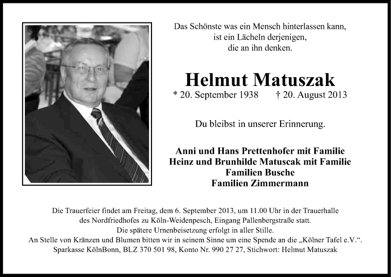  Traueranzeige für Helmut Matuszak vom 31.08.2013 aus Kölner Stadt-Anzeiger / Kölnische Rundschau / Express