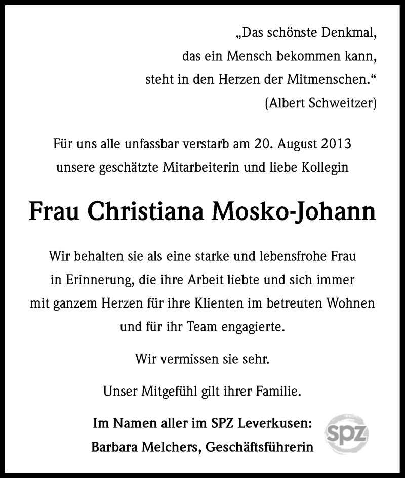  Traueranzeige für Christiana Mosko-Johann vom 31.08.2013 aus Kölner Stadt-Anzeiger / Kölnische Rundschau / Express