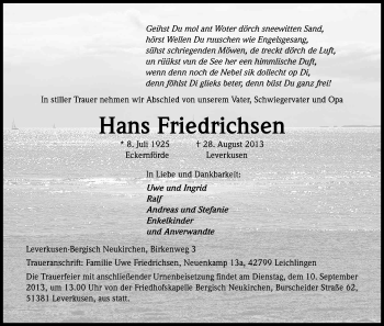 Anzeige von Hans Friedrichsen von Kölner Stadt-Anzeiger / Kölnische Rundschau / Express