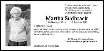 Anzeige von Martha Sudbrack von Kölner Stadt-Anzeiger / Kölnische Rundschau / Express