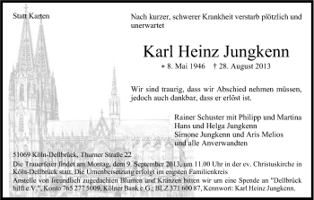 Anzeige von Karl-Heinz Junkenn von Kölner Stadt-Anzeiger / Kölnische Rundschau / Express