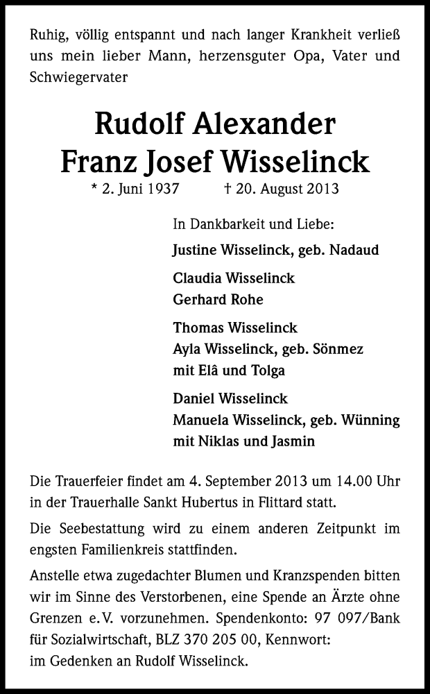  Traueranzeige für Rudolf Alexander Franz Josef Wisselinck vom 31.08.2013 aus Kölner Stadt-Anzeiger / Kölnische Rundschau / Express