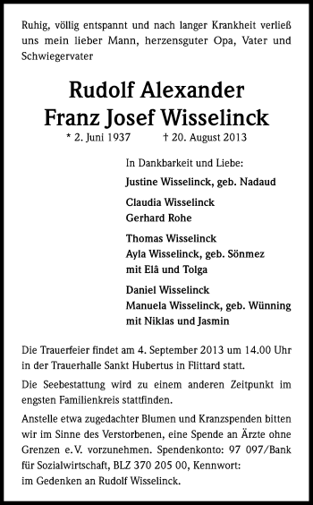 Anzeige von Rudolf Alexander Franz Josef Wisselinck von Kölner Stadt-Anzeiger / Kölnische Rundschau / Express