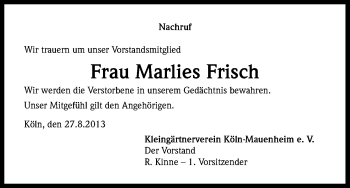 Anzeige von Marlies Frisch von Kölner Stadt-Anzeiger / Kölnische Rundschau / Express