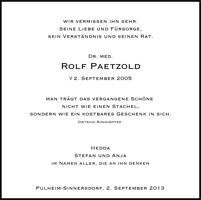  Traueranzeige für Rolf Paetzold vom 02.09.2013 aus Kölner Stadt-Anzeiger / Kölnische Rundschau / Express