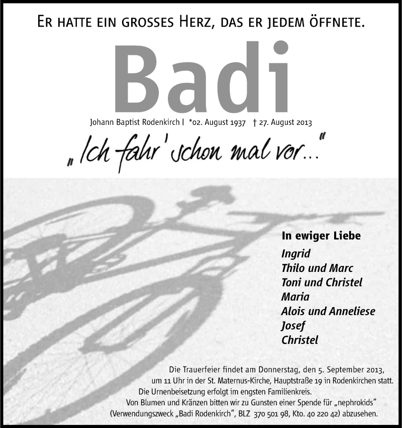  Traueranzeige für Johann Baptist Rodenkirch vom 31.08.2013 aus Kölner Stadt-Anzeiger / Kölnische Rundschau / Express