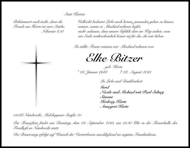  Traueranzeige für Elke Bitzer vom 31.08.2013 aus Kölner Stadt-Anzeiger / Kölnische Rundschau / Express